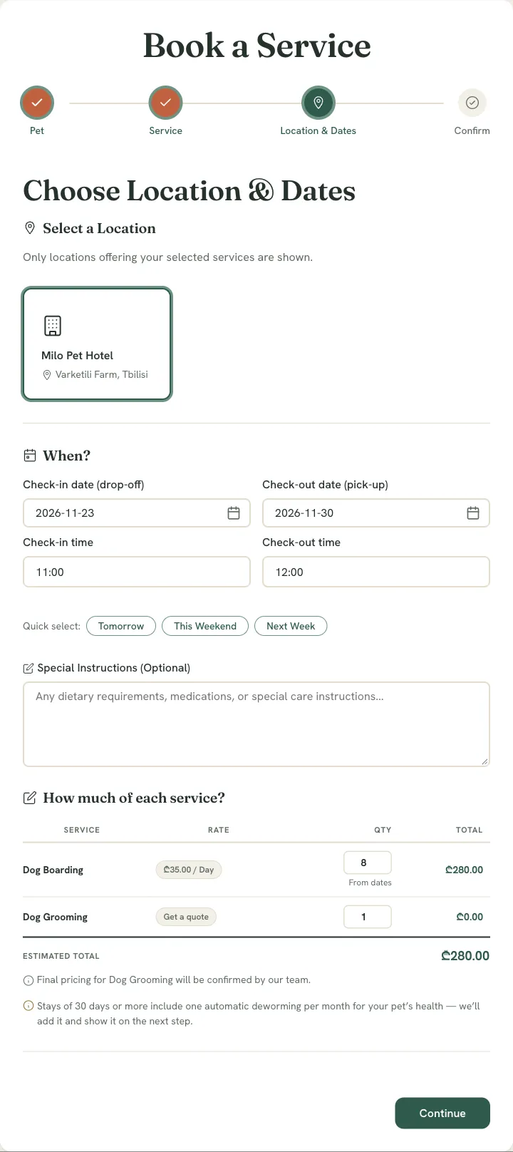Booking step 3: Milo's location, check-in and check-out dates, and a running estimate for boarding and grooming.
