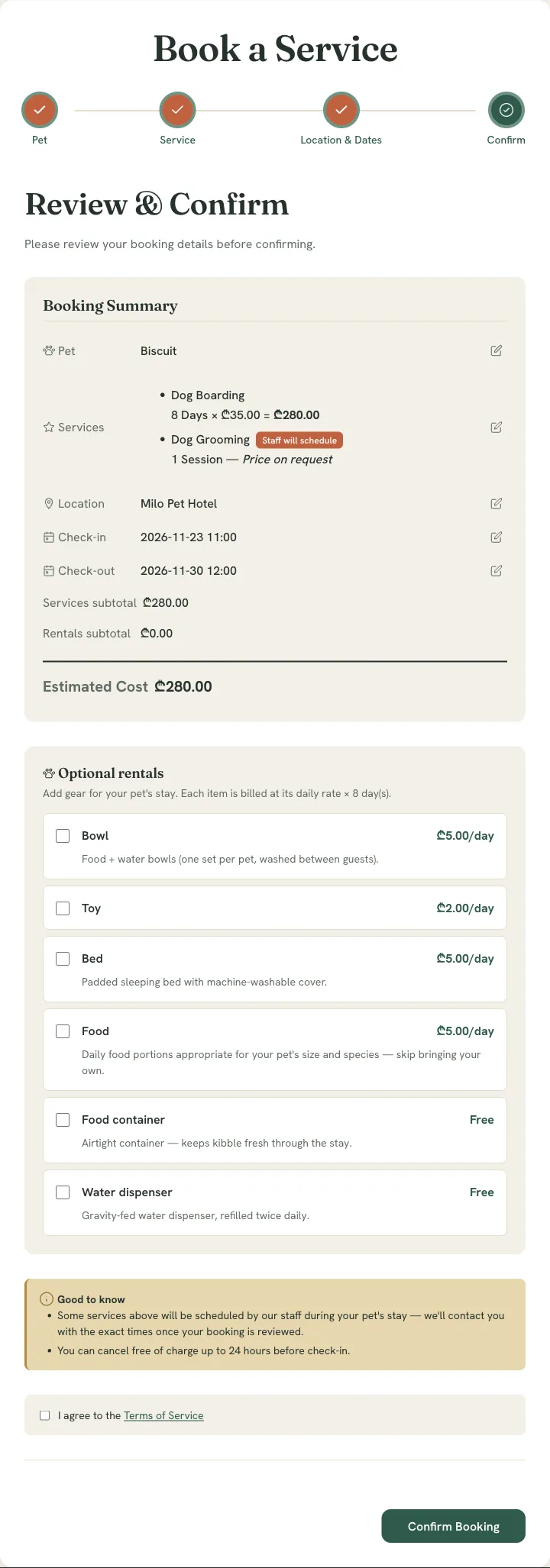 Booking step 4: a summary of the stay, optional rentals and the confirm button.