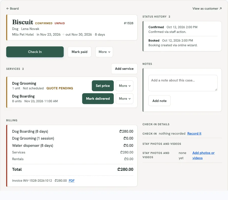 The case workspace: status, services with Mark delivered and Set price actions, the bill and the status history.