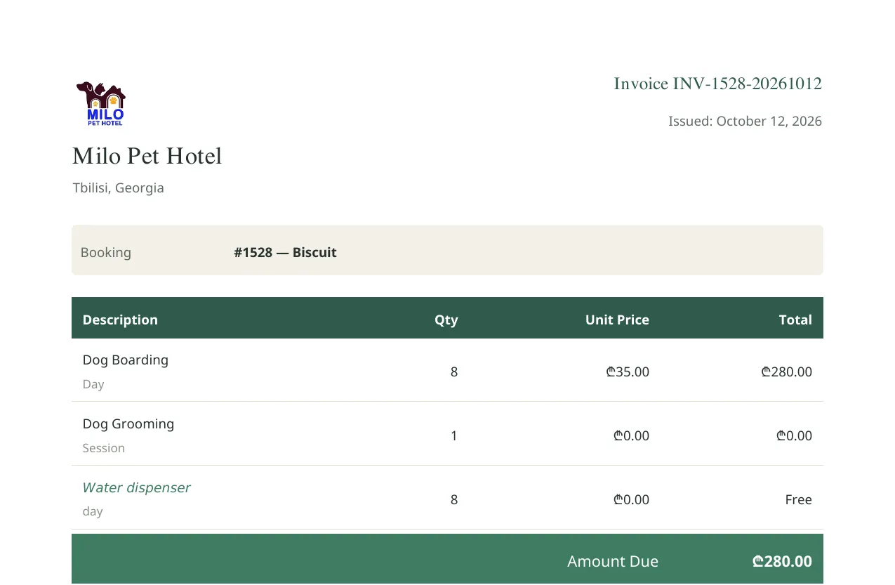 A branded invoice PDF with Milo's logo, the booked services and the amount due.