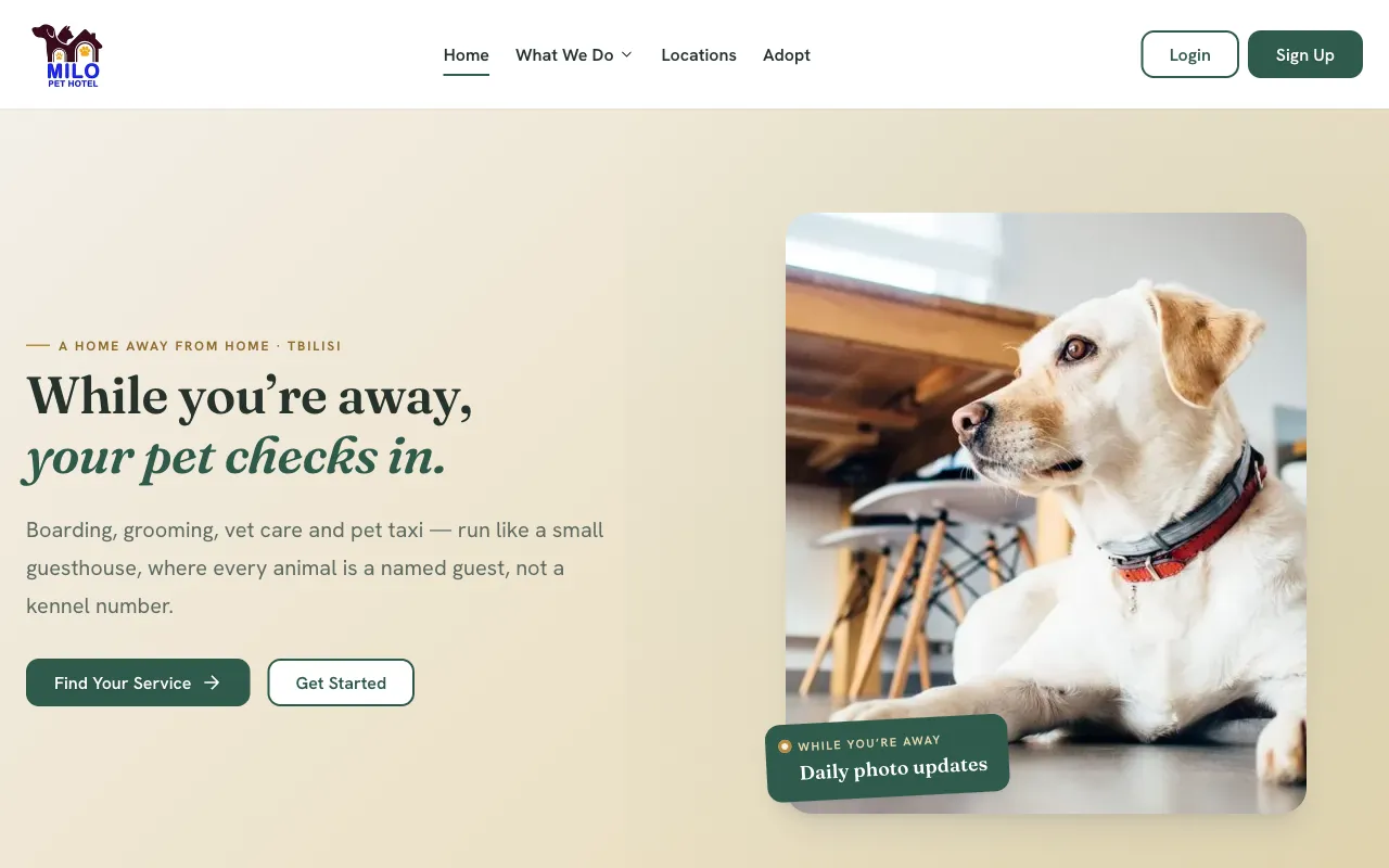 Milo Pet Hotel's homepage: 'While you're away, your pet checks in', with a photo of a dog.